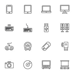 Gadgets, electronic devices line icons set, outline vector symbol collection, linear style pictogram pack. Signs, logo illustration. Set includes icons as digital tablet, laptop computer, pc monitor