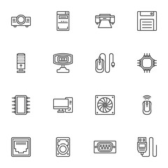 Computer parts line icons set, outline vector symbol collection, linear style pictogram pack. Signs, logo illustration. Set includes icons as computer cooler, microchip processor, pc monitor, mouse