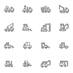 Construction vehicles line icons set, outline vector symbol collection, linear style pictogram pack. Signs, logo illustration. Set includes icons as truck and tractor, forklift, construction crane