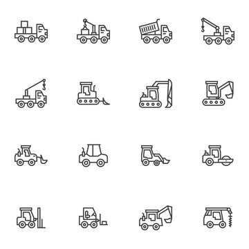 Construction vehicles line icons set, outline vector symbol collection, linear style pictogram pack. Signs, logo illustration. Set includes icons as truck and tractor, forklift, construction crane