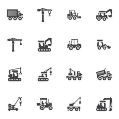 Construction transport vector icons set, modern solid symbol collection, filled style pictogram pack. Signs, logo illustration. Set includes icons as delivery truck, hook crane, industrial vehicle