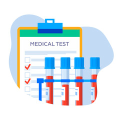 Test tube with blood on rack. Blood samples in glass vials with a bar code . Web site page and mobile app design element. Medical blood test flat concept. Chemical laboratory analysis.