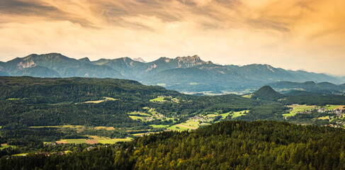 Panorama of Alpine mountains near Lake Worthersee and Velden city