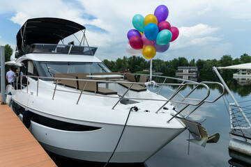 yacht in the marina, and balloons