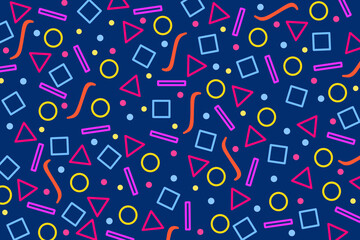 Seamless memphis design pattern with geometric minimalist elements on dark blue background. Trendy memphis style patterns, simple geometric figures with neon colors for web design, card or brochure