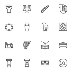 Musical instruments line icons set, outline vector symbol collection, linear style pictogram pack. Signs, logo illustration. Set includes icons as piano, djembe drum, harp, percussion tambourine