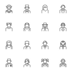 People characters avatars line icons set, outline vector symbol collection, linear style pictogram pack. Signs, logo illustration. Set includes icons as muslim woman, mexican man, girl, boy, doctor