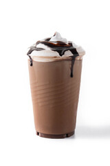 Chocolate iced milkshake isolated on white background.	