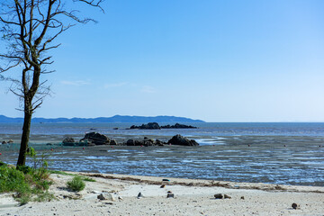 The beautiful landscape of beach background blue sky at sunset.	