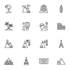 Worldwide travel line icons set, outline vector symbol collection, linear style pictogram pack. Signs, logo illustration. Set includes icons as mountains, tropical beach, airplane trip, famous places