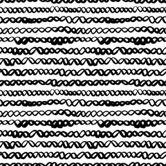 Wavy grunge lines vector seamless pattern. Horizontal brush strokes, swirls, curly lines. Black paint hand drawn background. Geometric ornament for wrapping paper. Dry brushstrokes pattern.