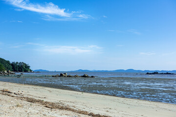 The beautiful landscape of beach background blue sky at sunset.	