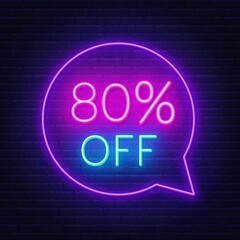 Fototapeta na wymiar 80 percent discount neon sign on brick wall background. Vector illustration