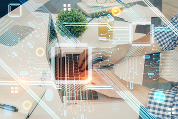 Multi exposure of tech drawings with man working on computer background. Concept of innovation.