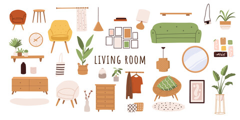 Trendy scandinavian hygge interior, boho style. Sofa, wardrobe, mirror, armchair, plant, lamp, home decorations. Cozy Interior living rooms or apartments furniture set. Flat vector illustration bundle