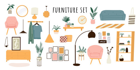 Trendy scandinavian hygge interior, boho style. Sofa, wardrobe, mirror, armchair, plant, lamp, home decorations. Cozy Interior living rooms or apartments furniture set. Flat vector illustration bundle
