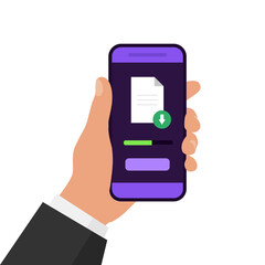 Document downloading application. Hand holds smartphone with download file manager. Vector illustration.