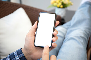 male hands holding phone with isolated screen in the room