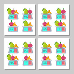 Mathematical Addition Subtraction Puzzle. System of equations. Math game set with pictures for children, advanced level, education game for kids, school worksheet activity, critical thinking. Scales.