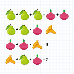 Mathematics educational game for school pupils. Learning multiplication, simple fractions, division, addition, subtraction, equations worksheet for school. Math game puzzle for critical thinking.