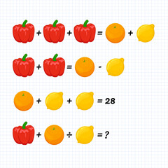 Mathematics educational game for school pupils. Learning multiplication, simple fractions, division, addition, subtraction, equations worksheet for school. Math game puzzle for critical thinking.