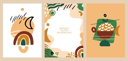 Set of vertical trend posters in Bono aesthetics. Cut shapes, abstract shapes, brushstrokes, strokes isolated on white. Background template for invitations in vintage style. Flat vector illustration.
