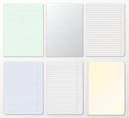 Set of note, notebook lined, squared paper stuck on grey background. Vector illustration