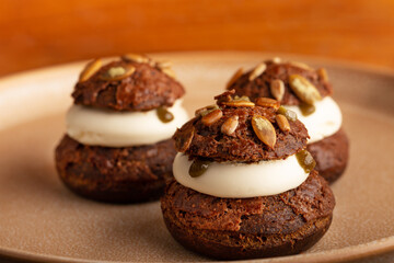 Dessert Shu cake on plate on red background