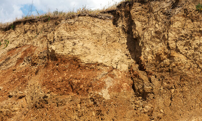 Landslide zone on Black Sea coast. Rock of sea rock shell. Zone of natural disasters during rainy season. Large masses of earth slip along slope of hill, destroy houses. Landslide - threat to life