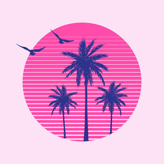 Fototapeta premium Ilustracja wektorowa z palmami, zachodem słońca i ptakami do nadruku na koszulce | Letnia grafika Miami Vibes