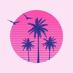 Fototapeten Vector Illustration With Palms, Sunset and Birds for T-Shirt Print   Miami Vibes Summer Graphic © Marek
