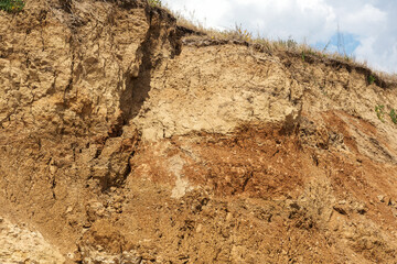 Landslide zone on Black Sea coast. Rock of sea rock shell. Zone of natural disasters during rainy season. Large masses of earth slip along slope of hill, destroy houses. Landslide - threat to life