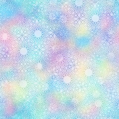 Holographic foil vivid trendy seamless geometric pattern. Opalescent psychedelic design in pastel rainbow colors. Cosmic futuristic iridescent graphic swatch.