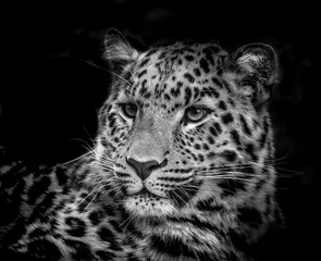 Amur leopard black and white low key portrait