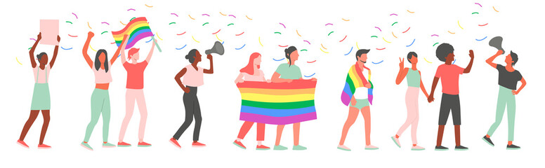 LGBT pride parade. Group of gay, lesbian, bisexual, transgender activists with flags and posters at a street demonstration for LGBT rights. Vector illustration.