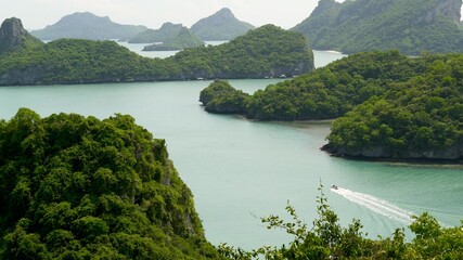 Bird eye panoramic aerial top view of Islands in ocean at Ang Thong National Marine Park near touristic Samui paradise tropical resort. Archipelago in the Gulf of Thailand. Idyllic natural background
