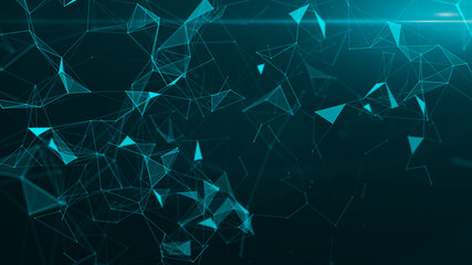 Blue abstract technology modern background with spotted particles and plexus connected triangle lines. 3D rendering.