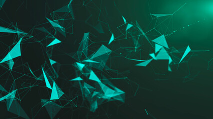 Fototapeta na wymiar Cyan abstract technology modern background with spotted particles and plexus connected triangle lines. 3D rendering.