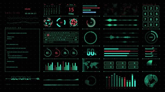 Futuristic digital HUD interface with general communications and measurement displays