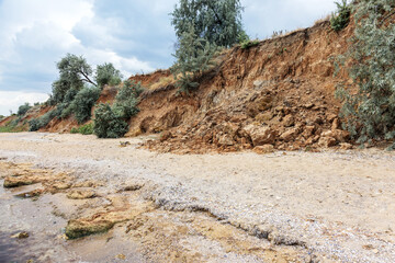 Landslide zone on Black Sea coast. Rock of sea rock shell. Zone of natural disasters during rainy...