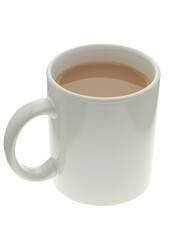 White mug of tea on white background 