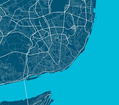 Detailed map of Lisboa city, linear print map. Cityscape panorama.