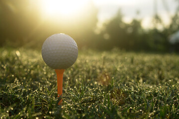 golf ball on tee in a beautiful golf course with morning sunshine