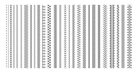 Vector sewing machine stitches. Seamless sewing seam lines pattern for fabric structure. Embroidery cloth edge texture. Stitching seams, stitched sew isolated on white background.  Fashion seam brush - obrazy, fototapety, plakaty