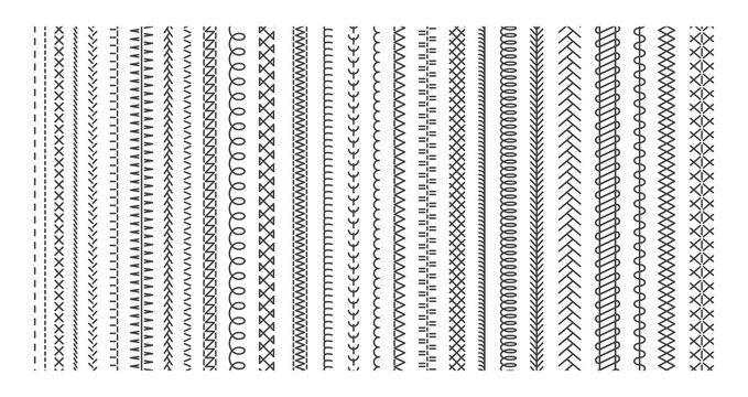 Vector sewing machine stitches. Seamless sewing seam lines pattern for fabric structure. Embroidery cloth edge texture. Stitching seams, stitched sew isolated on white background.  Fashion seam brush