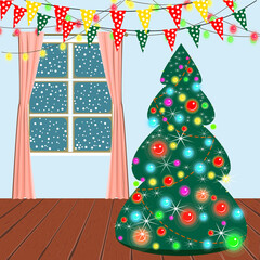 Christmas Tree in the room decorated with flags and garlands of light bulbs. Window with curtains. vector illustration.