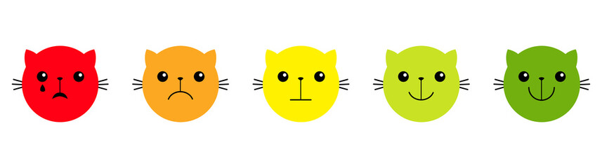 Cat kitten kitty. Smiley face satisfaction emoticon happiness feedback scale. From happy to angry emotion. Five star rating review survey. Red green circle set. Flat design. White background.