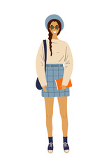Modern fashionable female student girl in glasses and hat. Young happy standing woman with long hair, backpack and book. Student or schoolgirl. Flat cartoon character.Vector illustration.