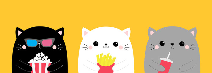 Cat set. Popcorn, french fries, soda. Cute cartoon funny character. Cinema theater. Film show. Kitten in 3D glasses watching movie. Kids print for notebook cover. Yellow background. Flat design