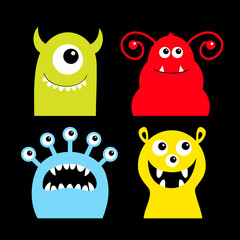 Happy Halloween. Monster icon set. Cute cartoon kawaii baby character. Funny face head colorful silhouette. Eyes teeth fang tongue. Flat design. Black background.